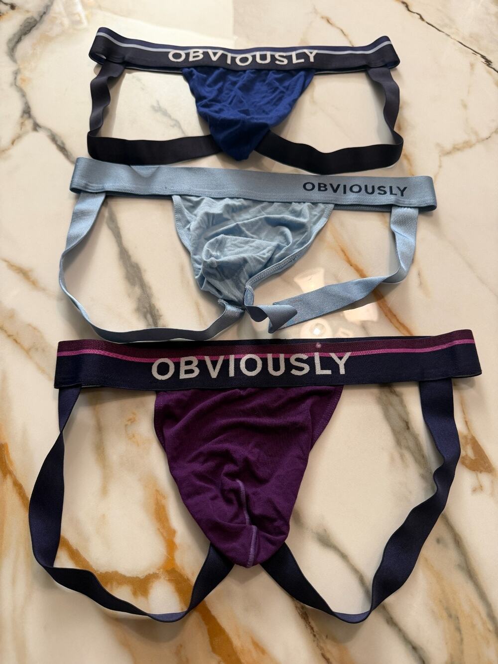 NEW Set Of 3 Obviously Apparel Mens PrimeMan Jockstrap Blue Purple Size Large